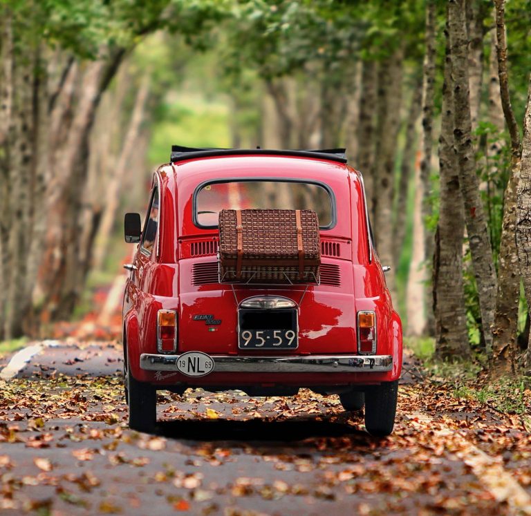 Kleiner roter Fiat fährt auf Allee